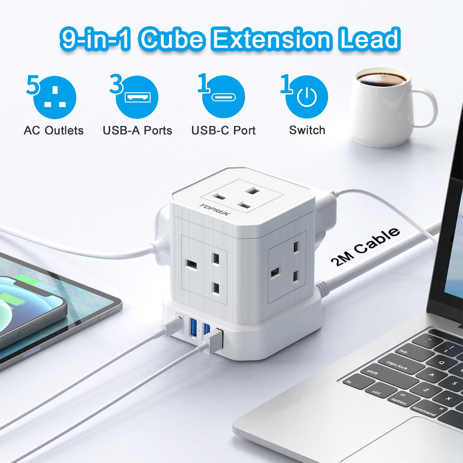 20W PD3.0 USB - C Cube Extension Lead 2M, TOPREK 5 Way (13A/3250W) Multi Plug Extension Socket + 4 USB Slots+1 Switch, Child Safety UK Desktop Extension Cable for Home Dorm Office Travel - Amazing Gadgets Outlet