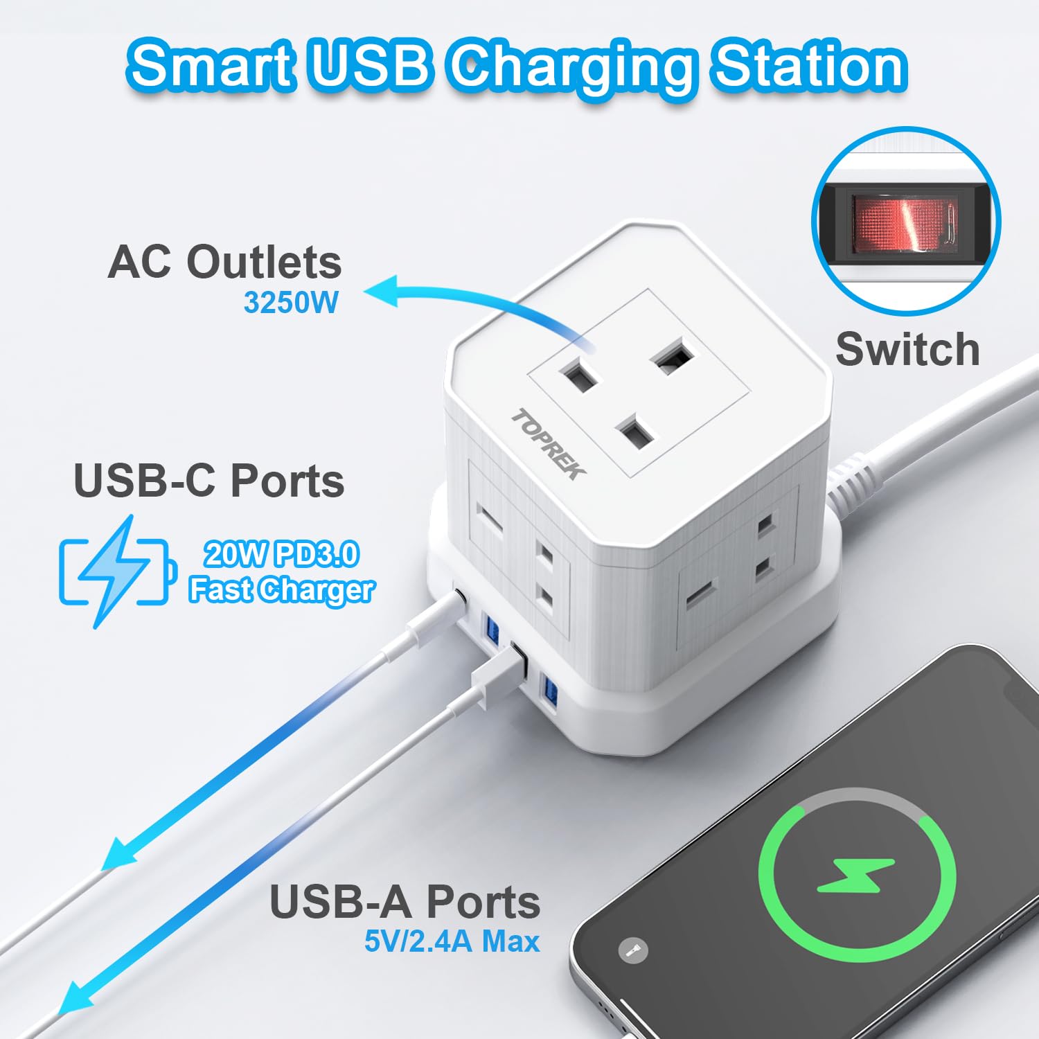 20W PD3.0 USB - C Cube Extension Lead 2M, TOPREK 5 Way (13A/3250W) Multi Plug Extension Socket + 4 USB Slots+1 Switch, Child Safety UK Desktop Extension Cable for Home Dorm Office Travel - Amazing Gadgets Outlet