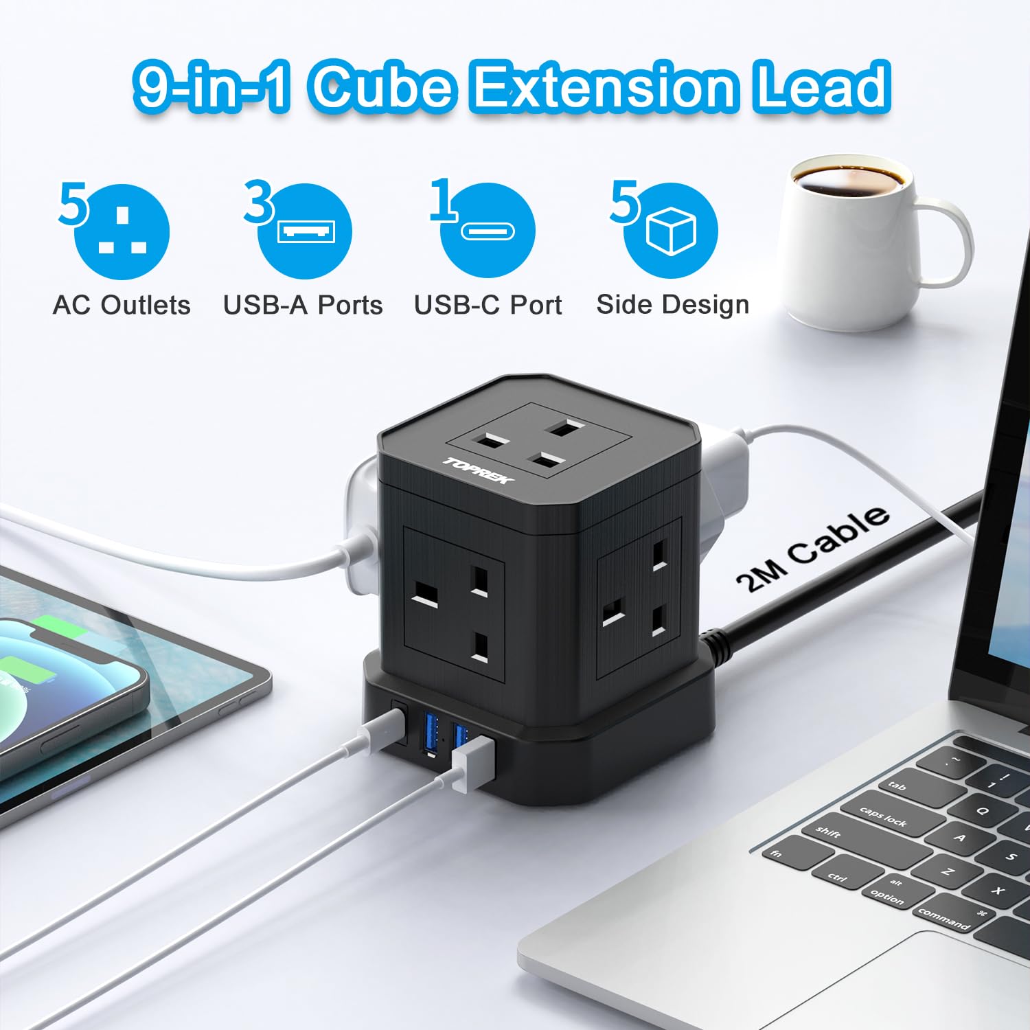 20W PD3.0 USB - C Cube Extension Lead 2M, TOPREK 5 Way (13A/3250W) Multi Plug Extension Socket + 4 USB Slots+1 Switch, Child Safety UK Desktop Extension Cable for Home Dorm Office Travel - Amazing Gadgets Outlet