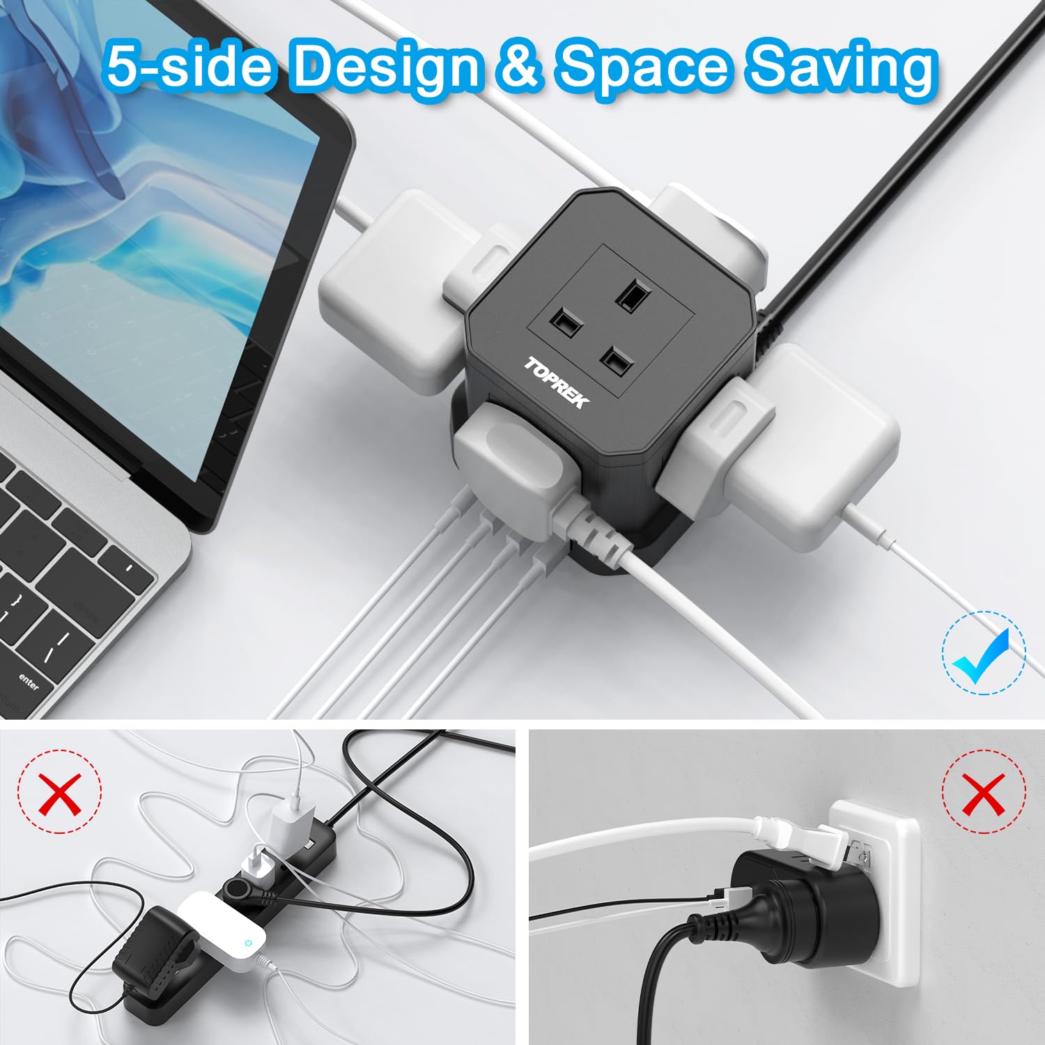 20W PD3.0 USB - C Cube Extension Lead 2M, TOPREK 5 Way (13A/3250W) Multi Plug Extension Socket + 4 USB Slots+1 Switch, Child Safety UK Desktop Extension Cable for Home Dorm Office Travel - Amazing Gadgets Outlet