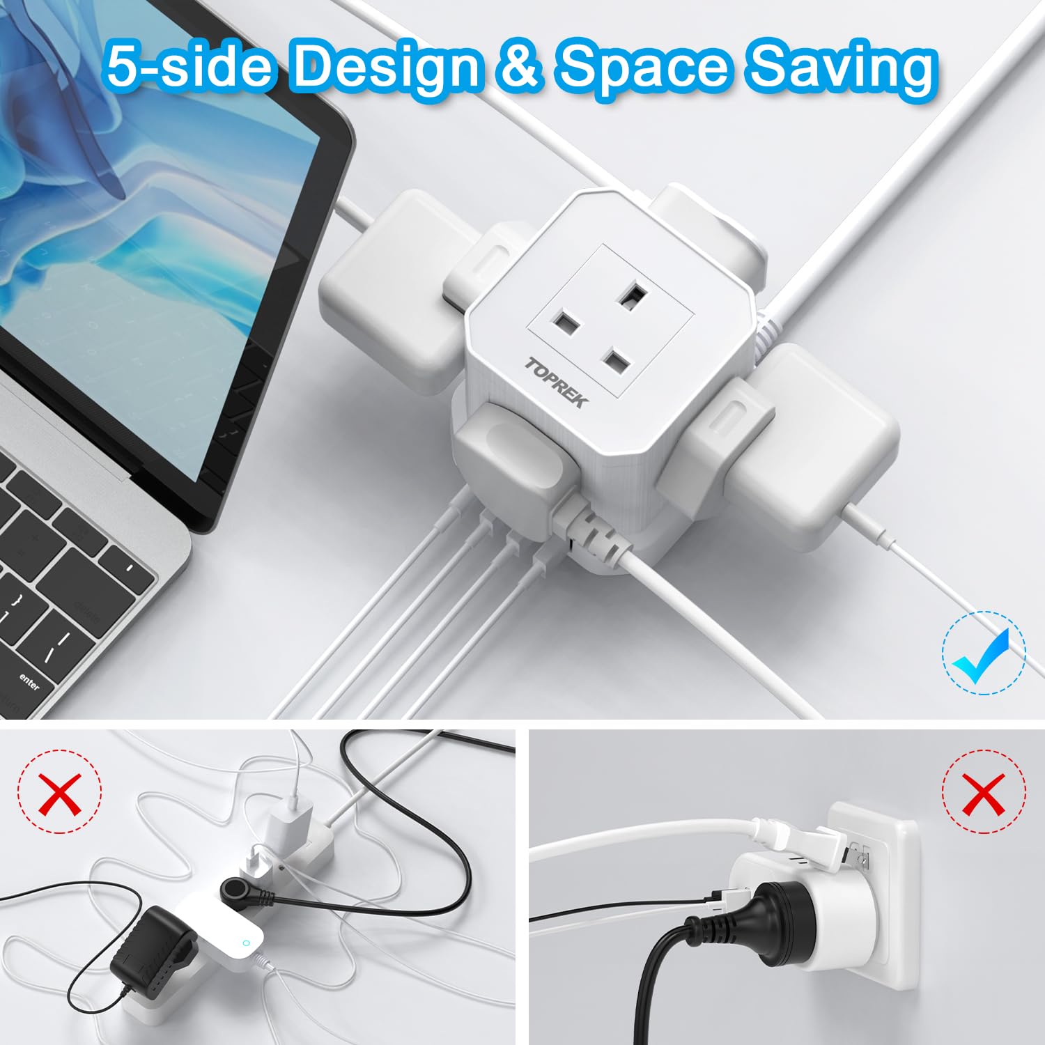 20W PD3.0 USB - C Cube Extension Lead 2M, TOPREK 5 Way (13A/3250W) Multi Plug Extension Socket + 4 USB Slots+1 Switch, Child Safety UK Desktop Extension Cable for Home Dorm Office Travel - Amazing Gadgets Outlet