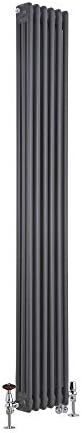 Milano Windsor - Traditional Cast Iron Style Anthracite Vertical Triple Column Dual Fuel Electric Radiator with Wi-Fi Thermostat and Brass Angled Thermostatic Valves - 1800mm x 380mm.