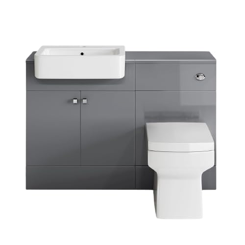 iBath Combination Vanity Unit Furniture Set, Wash Basin Bathroom Sink, WC, BTW Toilet Pan, Soft Close, Quick Release Toilet Seat with Concealed Cistern-Gloss Grey(Flat Pack).