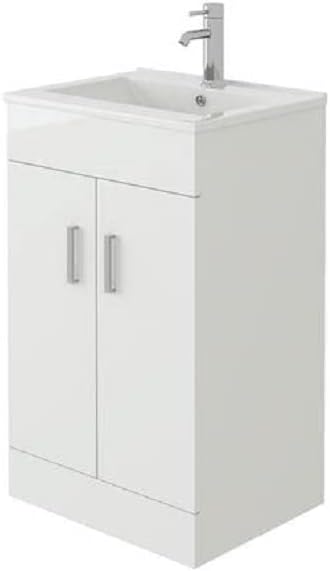 VeeBath Sphinx Free Standing Basin Vanity Cabinet Unit with 2 Swing Doors & Rectangular Sink-600mm, High Gloss White Flatpack - 600mm.