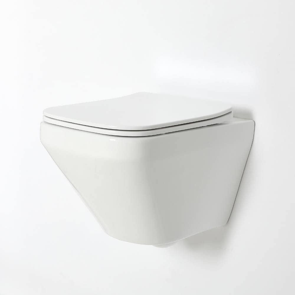 Milano Farington - Modern White Ceramic Wall Hung Square Rimless Toilet WC with Soft Close Seat.