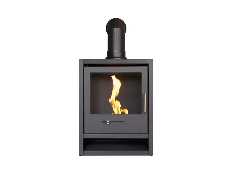 OKO S1 Bio Ethanol Stove in Charcoal Grey with Angled Stove Pipe.