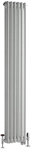 Milano Windsor - Traditional Cast Iron Style White Vertical Double Column Dual Fuel Electric Radiator with Wi-Fi Thermostat and Chrome Angled Thermostatic Valves - 1500mm x 380mm.