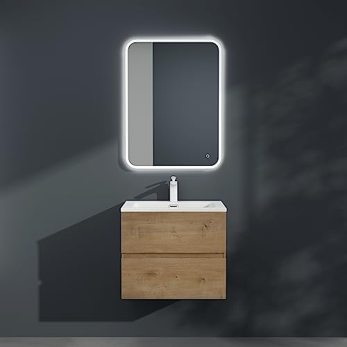 Mai & Mai Bathroom Wall Hung Vanity Unit Furniture With Sink 60x48x50cm Cabinet in Oak 2 Drawers with Soft-Close including Mineral Cast Basin Aqualis.