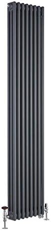 Milano Windsor - Traditional Cast Iron Style Anthracite Vertical Triple Column Dual Fuel Electric Radiator with Wi-Fi Thermostat and Brass Angled Thermostatic Valves - 1800mm x 380mm.