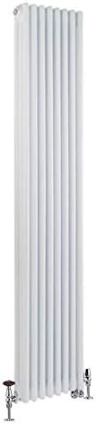 Milano Windsor - Traditional Cast Iron Style White Vertical Triple Column Dual Fuel Electric Radiator with Touchscreen Wi-Fi Thermostat and Satin Angled Thermostatic Valves - 1800mm x 200mm.