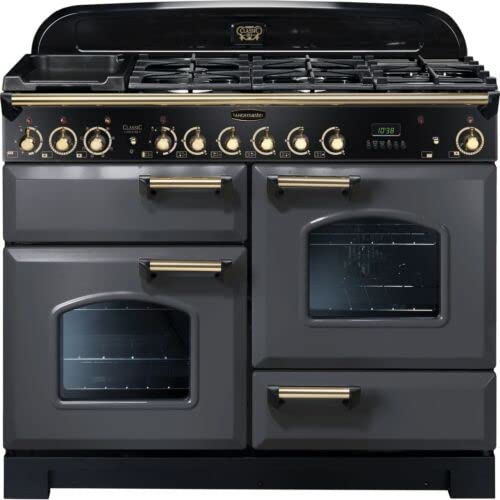 Rangemaster Classic Deluxe CDL110DFFSL/B 110cm Dual Fuel Range Cooker - Slate Grey/Brass - A/A Rated.