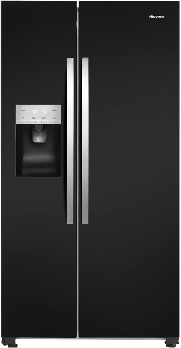 Hisense RS694N4IBF Freestanding Side-by-Side Door American Fridge Freezer 562L 91 x 178.6 x 74.3 cm (W x H x D), Black, Varnished Door.