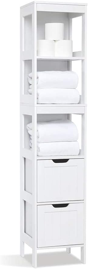 Mondeer Tall Bathroom Cabinet, Storage Unit with 2 Drawers and 3 Open Shelves, White Free Standing Painted MDF Slim Organiser, 30 x 30 x 144 cm for Bathroom Living room and Kitchen.