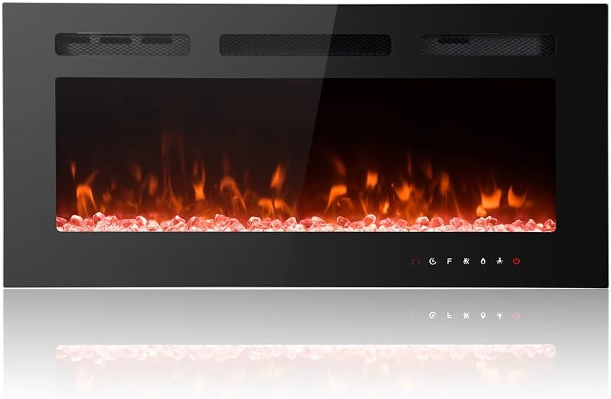 M.C.Haus Ultra-Thin Electric Fireplace Low Noise, 12 Variable & Breath Colors Flame, Recessed Wall Mounted Free Standing, Touch Screen & Remote Control, Crystal & Log Set(76cm/30inch).