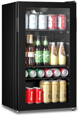 COMFEE' RCZ99BG2(E) Under Counter Beer & Drinks Fridge-93L Capacity,Holds up to 115 Cans, Premium Temperature Performance (2℃ to 15℃), Full Length Low-E Glass, Removable Shelves, LED Light, Low Noise.