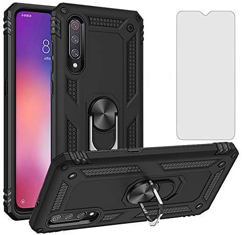 Phone Case for Xiaomi Mi 9 with Tempered Glass Screen Protector Stand Ring Holder Shockproof Silicone Heavy Duty Accessories Magnetic Metal Rubber Protective Rugged Hard Xiami Xaomi Mi9 M9 Girls Black