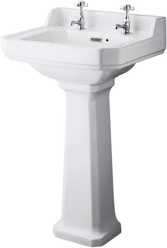 Milano Richmond - Traditional White Ceramic Full Pedestal 2 Tap Hole Bathroom Basin Sink - 500mm x 350mm.