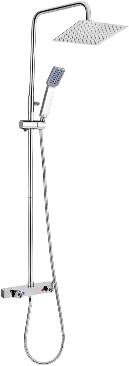 Tanniws Shower System Thermostatic Set Chrome Shower Riser Rail Mixer Adjustable Height with Overhead 8" Rainfall Shower Head/Handheld Showerhead.