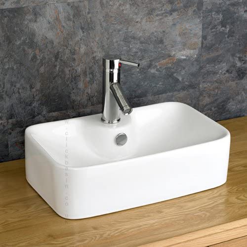 Clickbasin Narrow Bathroom Basin in White Ceramic | Shallow Countertop 49cm x 31cm Sink with an Internal Overflow is Ideally Sized for Narrow Spaces | Forli.