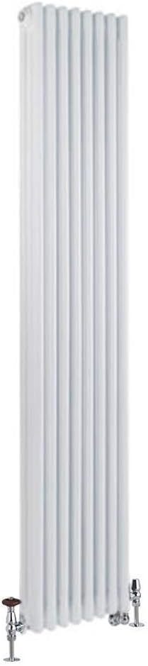 Milano Windsor - Traditional Cast Iron Style White Vertical Triple Column Dual Fuel Electric Radiator with Brass Angled Thermostatic Valves - 1800mm x 290mm.