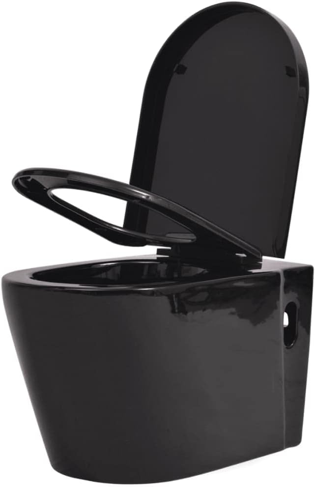 vidaXL Wall Hung Ceramic Toilet with Soft-Close Seat and Lid - Simplistic and Stylish - Easy Installation - Low Maintenance - Comfortable Seating - Black.