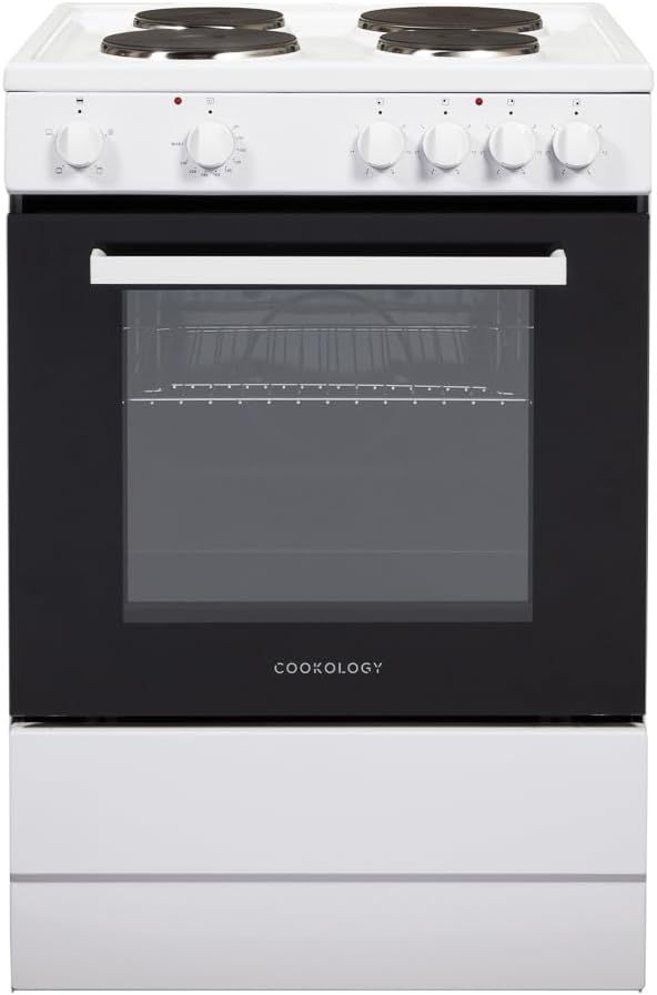 Cookology CFSP600WH 60cm Wide, 62 Litre Capacity Freestanding Electric Single Cooker with Solid Plate Top 4 Cooking Zone Hob and Analogue Dials – in White.