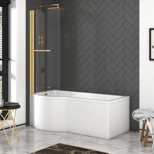 Abacus 1700 x 850mm Right Hand Curved P-Shaped Shower Bath tub with Front, End Panel & Brushed Brass Screen.