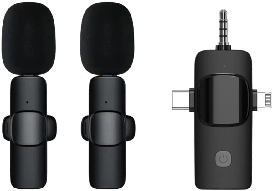 Mokeum Three in one wireless lavalier microphone plug and play for iPhone, Android, and camera, with built-in noise reduction chip for video recording, live streaming, interviews, YouTube, Vlog.