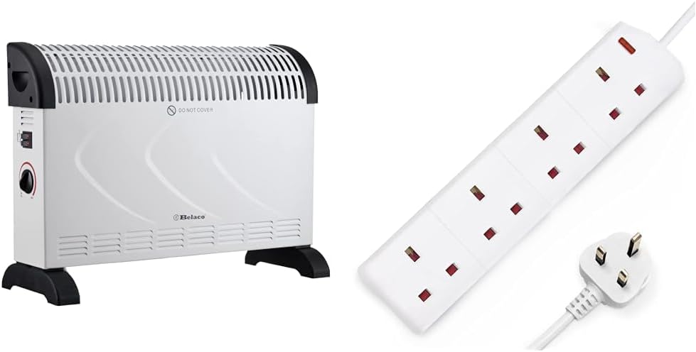 Belaco 2000W white Electric Portable Convector Heater 3 adjustable heat settings fast heating space heater including wall bracket wall Manual Thermostat Black BS plug.