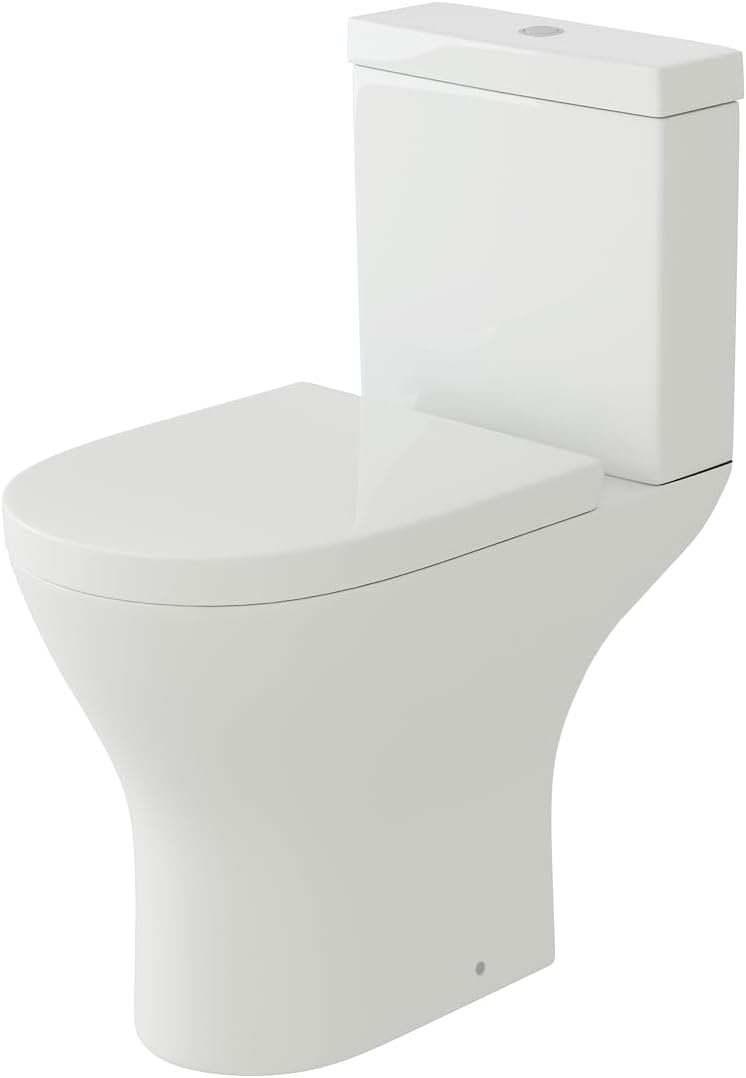 iBathUK Venice Close Coupled Toilet, Ceramic Toilet Pan with Chrome Dual Flush Cistern, Soft Close, Quick Release Toilet Seat for Bathroom-White Gloss, Square Shape.