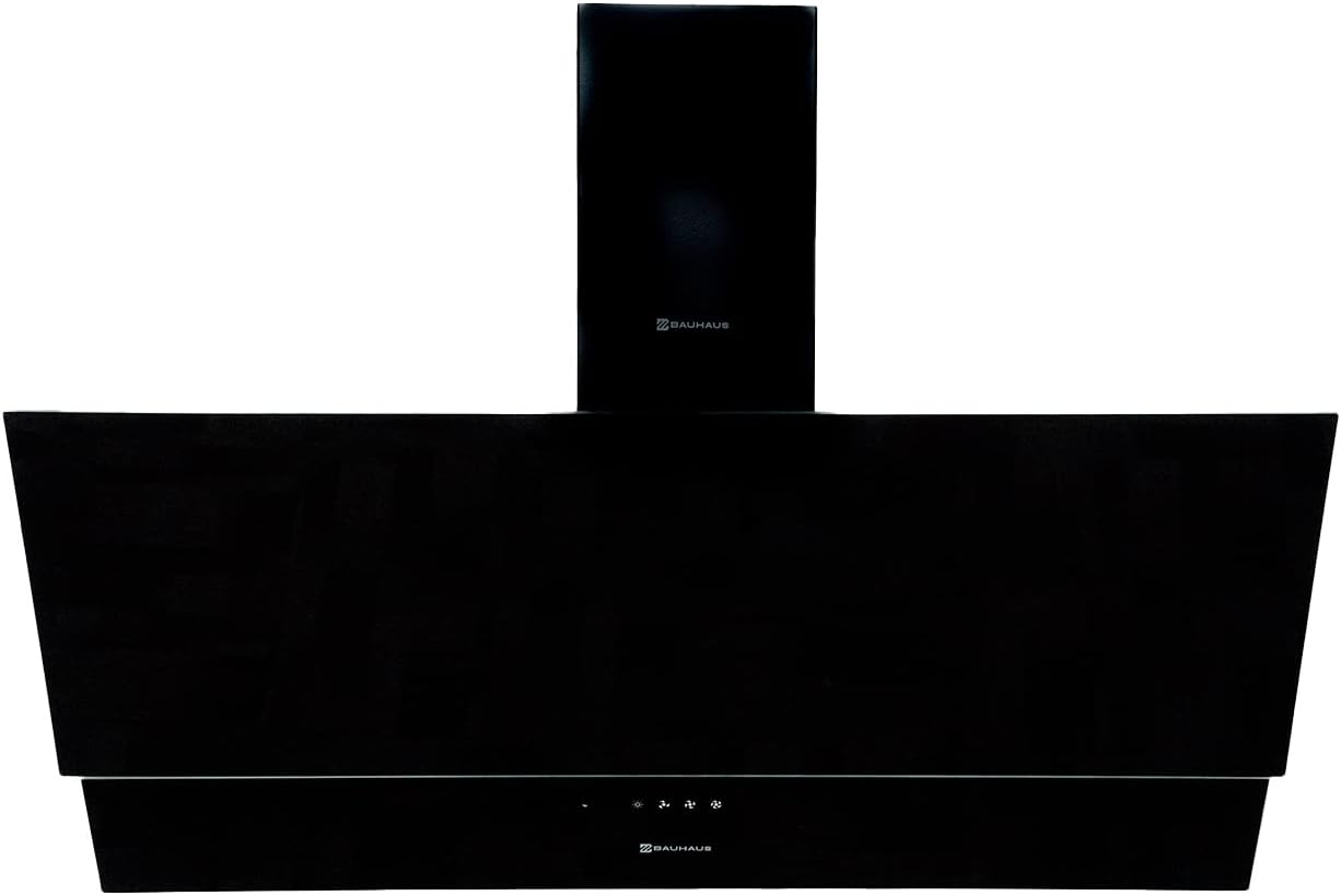 Bauhaus Angled Cooker Hood Wall Mount Kitchen Extractor Fan- Remote Control Chimney Hood 3 Speed Levels, Black Glass Surface Ducting Chimney Vent Hood with LED Lights 420x90x440mm[Energy Class B].