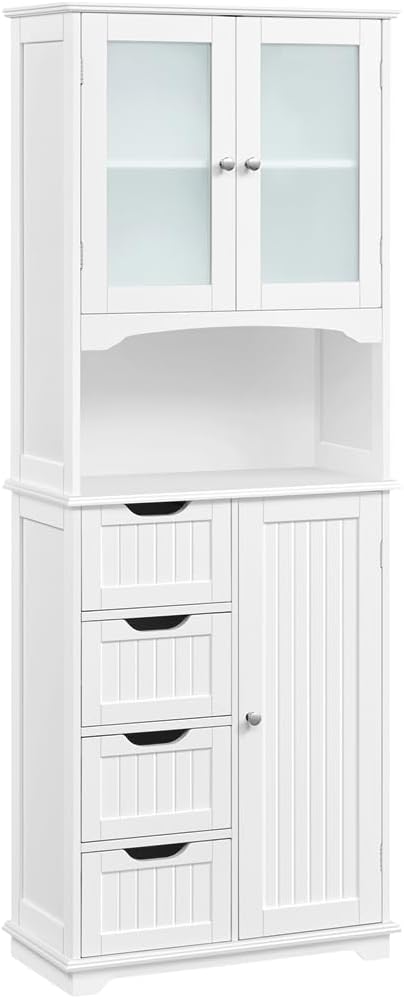 Yaheetech Tall Bathroom Floor Cabinet with 4 Drawers and Glass Doors, Freestanding Storage Cupboard Unit with Adjustable Shelves for Bathroom Kitchen Living Room.