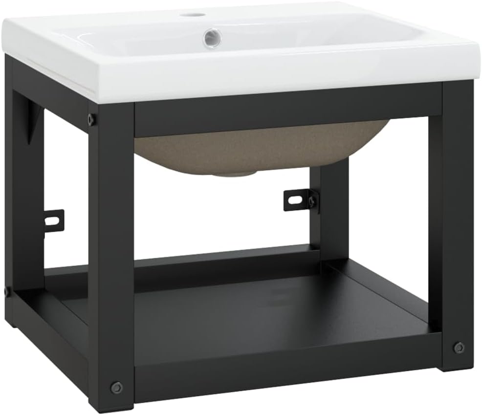 vidaXL Wall-Mounted Bathroom Washbasin Frame with Built-in Basin in Black Iron, Powder Coated Iron Frame and Ceramic Basin, Easy to Clean, Modern Design.