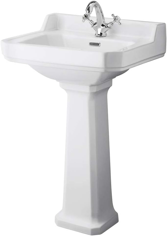 Milano Richmond - Traditional 560mm x 450mm White Ceramic Full Pedestal Bathroom Basin Sink - 1 Tap Hole.