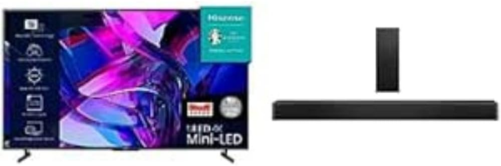 Hisense TV 75U7KQTUK with HS2100 DTS Virtual X Soundbar.