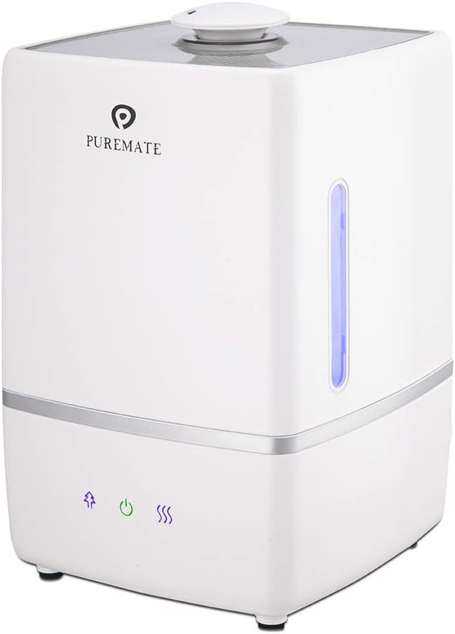 PureMate Ultrasonic Cool & Warm Mist Humidifier with Ioniser and Aroma Diffuser Tray - Auto Shut-Off with 5 Litre Water Tank Capacity, 30 Watts, Powerful for Large Room 30m².