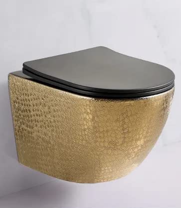 RD Luxury® Premium Gold Crocodile Pattern Wall Mounted Toilet - Rimless Ceramic Wall Mounted Toilet with Removable Softclose Lid and Black Inner Basin Includes Soundproofing Set.