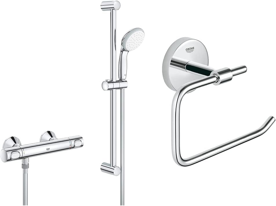 GROHE Precision Flow - Wall Mounted Thermostatic Mixer Shower Set (1-Spray Hand Shower 10cm, Shower Rail 60cm, Shower Hose 1.75 m, Temperature Safety Button, Water Saving Button), Chrome, 34841000.