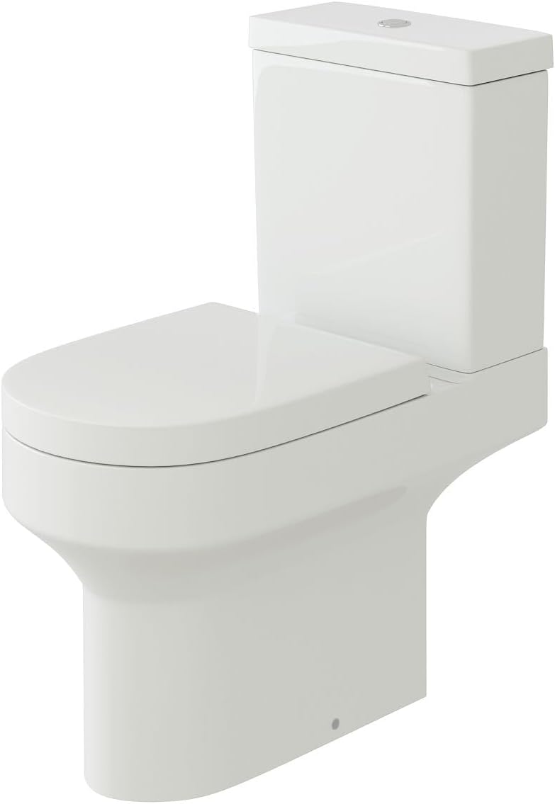 iBathUK Modern Palma Close Coupled Toilet, Ceramic Toilet Pan with Dual Flush Cistern, Soft Close, Quick Release Toilet Seat for Bathroom-White Gloss, Round Shape.