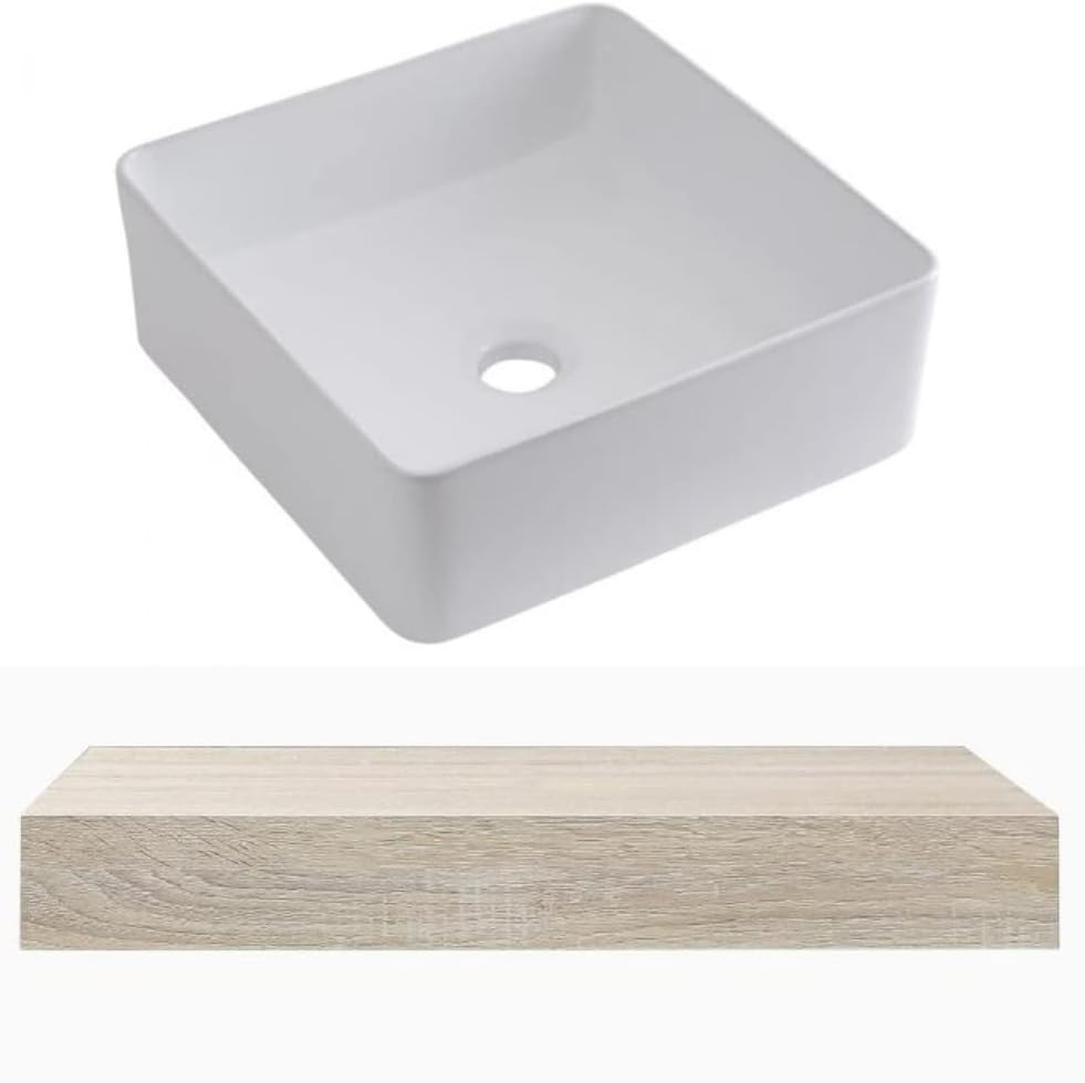 Milano Lurus - Modern 600mm Wall Mounted Bathroom Floating Shelf and Square Countertop Basin Sink - Oak.