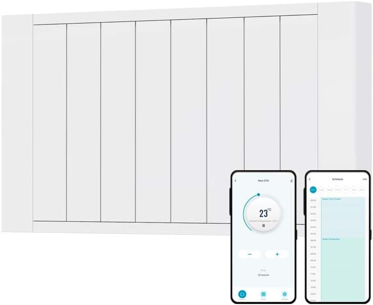 EXO 2000w Ceramic Core Electric Radiator/Smart WiFi Smartphone Control, 7-Day Timer Function, Energy Efficient LOT20 Compliant, Wall Mounted Plug in Heater White.