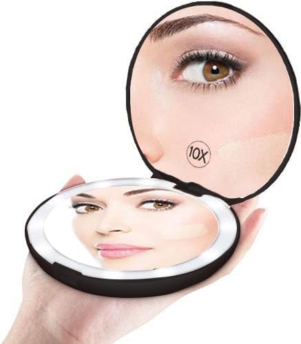 TourKing LED Travel Makeup Mirror, 3.5 inch Lighted Compact Mirror, 1X /10X Magnifying Handheld Illuminated Portable Mirror Double Sided with 10 LEDs Lights (White).