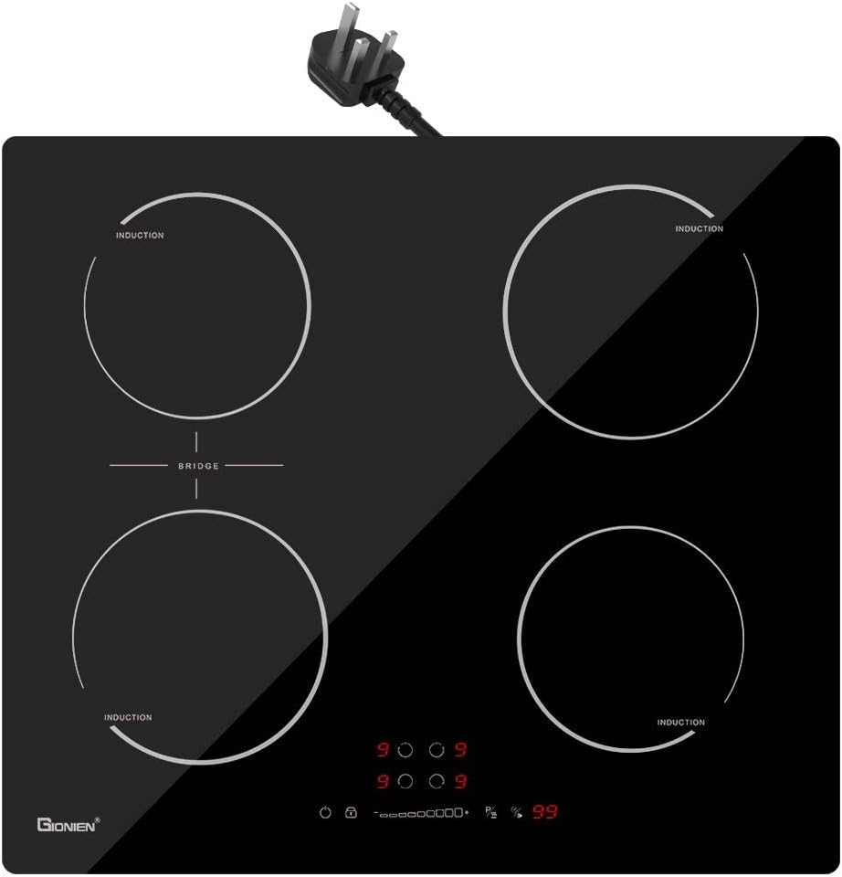 GIONIEN Plug-in Induction Hob 13 Amp 2800W, 60cm Integrated Electric Cooktop with Bridge Zone, 4 Cooking Rings Cooker GIT470SP.