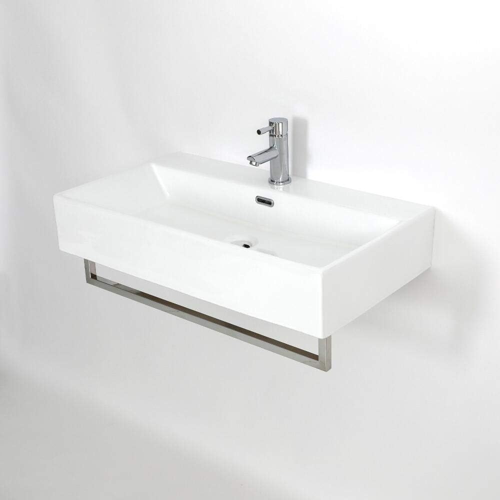 Milano Elswick - Modern White Ceramic Wall Hung 1 Tap Hole Bathroom Basin Sink and Chrome Towel Rail - 600mm x 420mm.