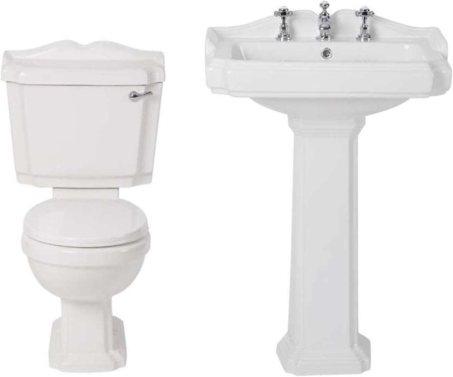 Milano Windsor - Traditional White Ceramic Close Coupled Toilet WC and Full Pedestal Bathroom Basin Sink - 2 Tap Hole.