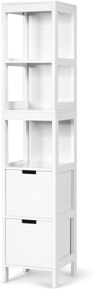 Multigot Bathroom Floor Cabinet, Freestanding Tall Storage Cupboard with 2 Drawers and 3 Open Shelves, Wooden Slim Organizer Shelf for Bedroom Living Room Kitchen.