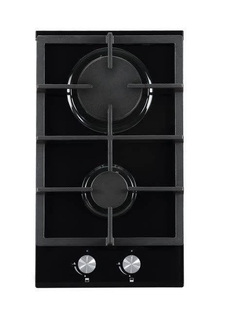 Cookology GGH306BK Gas on Glass Hob 30cm Built-in 2 Burners with Cast Iron Pan Supports, Auto Igniton and Flame Failure Safety - In Black.