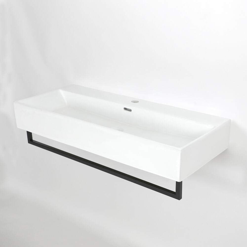 Milano Elswick - Modern White Ceramic Wall Hung 1 Tap Hole Bathroom Basin Sink and Chrome Towel Rail - 600mm x 420mm.