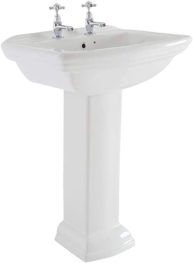 Milano Sandringham - Traditional 605mm x 470mm White Ceramic Full Pedestal Bathroom Basin Sink - 2 Tap Hole.