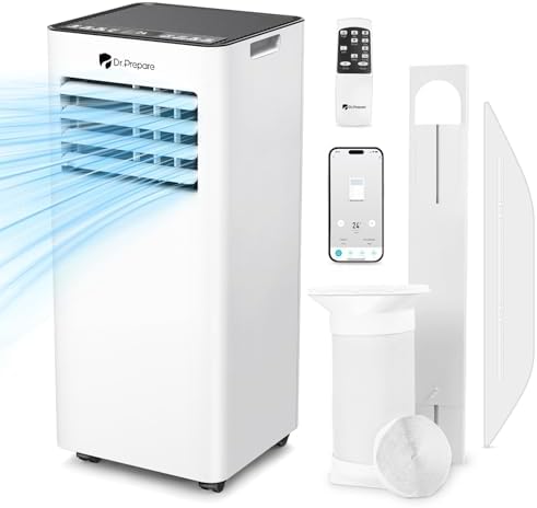 DR.PREPARE 9000 BTU Air Conditioning Unit, 4-in-1 Portable Air Conditioner with Remote Control, Dehumidifier, Cooling Fan with 2 Speeds, 24H Timer & Sleep Mode, Child Lock, Dual Window Venting Kit.